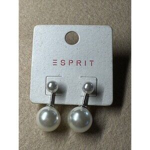 ESPRIT Silver Tone Pearl Ball Stud Drop Earrings Classic Style New Pair